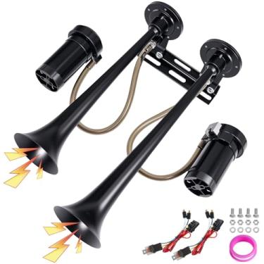 Imagem de Kit de buzina de ar de metal de trompete duplo para caminhão com 2 compressores de ar - buzina de trem ultra alta 12V 150DB para caminhões, trens, barcos, carros, adequado para tráfego pesado ou