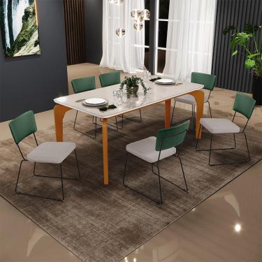 Imagem de Mesa Capri 160cm Off White Nature E 6 Cadeiras Allana B05 Facto Verde Musgo Linho Bege - Lyam Decor