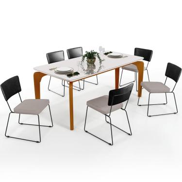 Imagem de Mesa Capri 160cm Off White Nature E 6 Cadeiras Allana B05 Couríssimo Preto Linho Bege - Lyam Decor