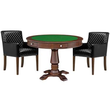 Imagem de Mesa de Jogos Carteado Victoria Tampo Reversível Imbuia Kit 2 Cadeiras Liverpool PU Preto Matelassê