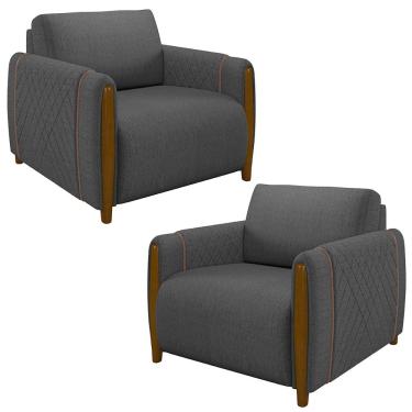 Imagem de Kit 2 Poltronas Decorativas Pés Madeira Maceió Linho Chumbo - Gran Belo