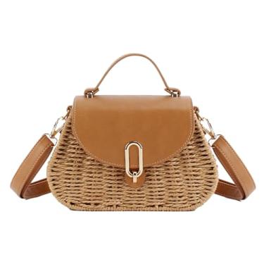 Imagem de 2025 Bolsa transversal de papel corda de palha de palha férias férias férias casual alça superior bolsa, Camelo