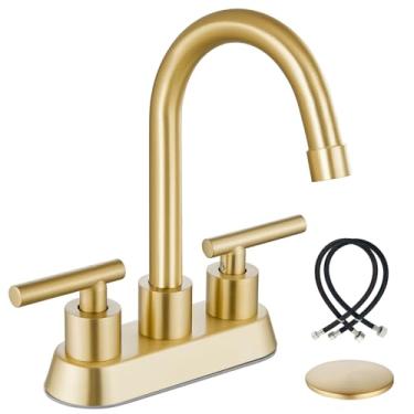 Imagem de Airuida Torneiras de banheiro de 10 cm, torneira de pia de banheiro com 2 alças de aço inoxidável, torneira de banheiro de dois furos com ralo pop-up, 2 linhas de abastecimento de água e bico redondo