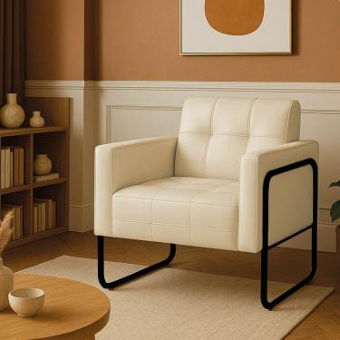 Imagem de Poltrona Sala Decorativa Elisa Base Tubular Alta Preta Sintético PU Bege D03 - D'Rossi