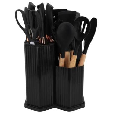 Imagem de Kit 19 Pç Silicone Cabo Madeira Facas Tábua Pote Organizador COR:PRETA