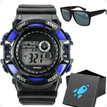 Imagem de Relogio Infantil Preto Digital Menino + Caixa + Oculos Sol azul presen