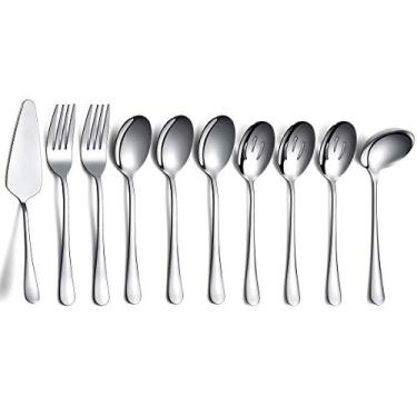 Imagem de Conjunto de talheres de servir 10 peças, conjunto de utensílios de aço inoxidável, inclui colher de servir, colher de servir, colher de servir, garfo de servir, concha de sopa (prata)