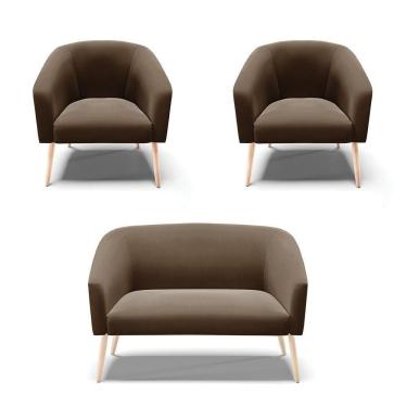 Imagem de Kit 1 Namoradeira 2 Lugares E 2 Poltronas Marrom Pés Palito