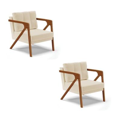 Imagem de Kit 02 Poltronas Linho Grosso Bege Base De Madeira Castanho