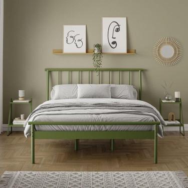 Imagem de Conjunto Cama Queen 2 Mesas de Cabeceira em Aço Begônia CabeCasa MadeiraMadeira Verde Musgo