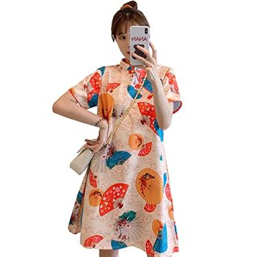 Imagem de Yajun Vestido Cheongsam de festa para mulheres roupas chinesas tradicionais verão solto manga curta qipao para fotografia de banquete, laranja, G (busto: 102cm)