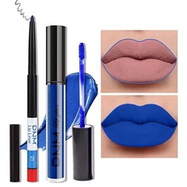 Imagem de AMY'S DIARY 2 peças de delineador labial azul fosco e conjunto de maquiagem batom, batom líquido 24H e delineador labial fosco lábios maquiagem à prova d'água longa duração batom fosco kit com delineador labial (08)
