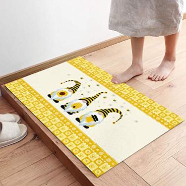 Imagem de Savannan Tapetes de boas-vindas para capacho interno, gnomo de desenho animado fofo com flor de mel de abelha, búfalo, amarelo, antiderrapante, fundo, tapete de entrada de baixo perfil tapete para área de trânsito alto, cozinha, 50,8 x 80 cm