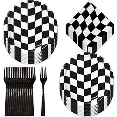 Imagem de Race Party Supplies pratos de jantar de papel quadriculado preto e branco, guardanapos de almoço e garfos (serve 16)