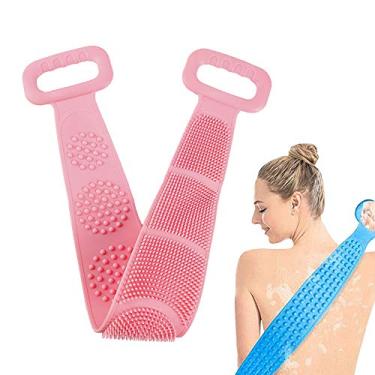 Imagem de Esponja de silicone nas costas para chuveiro, alça de escova corporal de banho para limpeza das costas, alça de banho esfoliante, textura esfoliante, massagem confortável para banho (rosa)