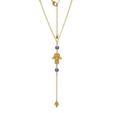 Imagem de Colar de Olho Grego e Pingente da Mão de Hamsá Folheado em Ouro 18K Softjoias