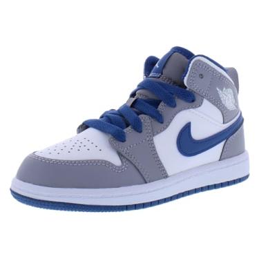 Imagem de Nike Tênis de basquete Jordan Kids pré-escolar 1 médio 640734, Cinza/Branco/Azul Verdadeiro, 3 Big Kid