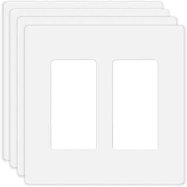 Imagem de Placa de parede decora sem parafusos de 2 entradas para tomada de interruptor duplo placa frontal elétrica para interruptor de luz, interruptor inteligente, receptáculo, reguladores de luz, tomada USB, GFCI, placa de cobertura segura para crianças, branco (pacote com 4)