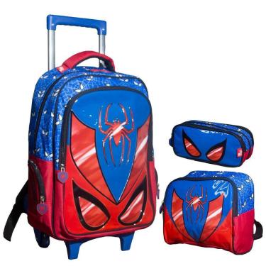 Imagem de Kit Mochila Escolar Infantil de Rodinhas com Lancheira e Estojo Yins em Pvc 3d Kids Spider Azul 