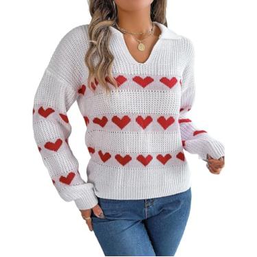 Imagem de Suéter feminino fofo de coração para o dia dos namorados tricotado casual gola redonda manga lanterna pulôver, Branco, M