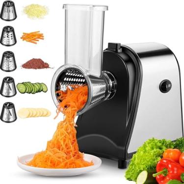 Imagem de 220V Ralador elétrico de queijo e cortador de legumes com 5 lâminas giratórias - Controle com um toque para facilitar a preparação de saladas e queijos Ideal para queijos, frutas e legumes