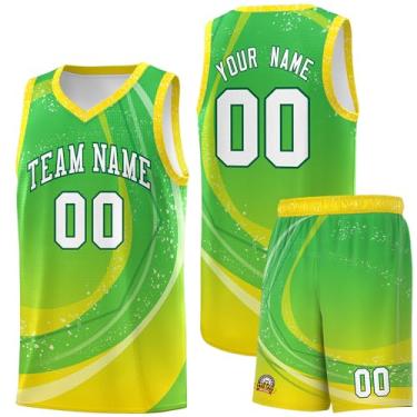 Imagem de Camiseta de basquete personalizada - Número do nome do time personalizado uniforme esportivo para homens mulheres jovens, Verde grama e amarelo-73, One Size
