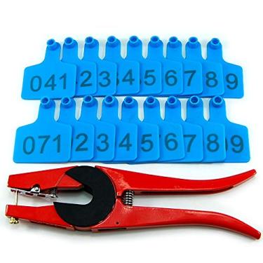 Imagem de 100 conjuntos de etiquetas auriculares numeradas de identificação de gado para bezerros, gado, vacas, porcos, brinco de precisão TPU (azul) com 1 aplicador de alicate