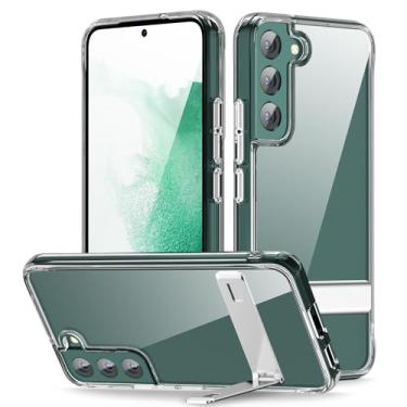 Imagem de oakxco Capa para Samsung Galaxy S22 Plus com suporte transparente de metal embutido, plástico rígido transparente e silicone TPU borda macia capa protetora resistente para celular, fina e à prova de