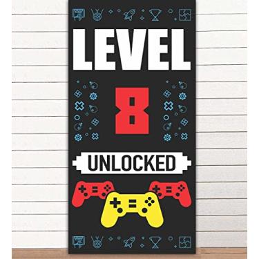 Imagem de Level 8th Desbloqueado Happy 8th Birthday Level Up Banner Pano de fundo para cabine de fotos adereços de videogames decoração tema gamepad para meninos meninas 8º aniversário lembrancinhas suprimentos decorações