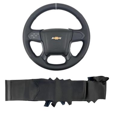 Imagem de Capa para volante de costura manual couro perfurado preto/faixa de marcador cinza acessórios de proteção interior para Chevrolet Suburban/Chevy Tahoe/GMC Yukon/GMC Sierra 2015 2016 2017 2018