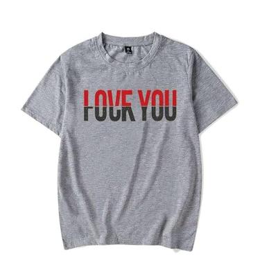 Imagem de Camiseta feminina com estampa I Love You Letter Print Camiseta feminina casual verão manga curta gola redonda, Cinza, XXG