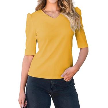 Imagem de ECOWISH Camisas femininas de manga curta: verão elegante casual gola V canelada malha moda trabalho tops sexy básico blusas, Amarelo, P