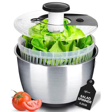 Imagem de Bomba de aço inoxidável giratório de salada grande - ferramenta de cozinha compacta fácil - tigela, ralo e escorredor de aço inoxidável - Spinner de alface, secador de legumes, lavador de frutas,