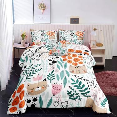 Imagem de Jogo de cama solteiro de 5 peças para gatos com flores de animais fofos, rosa e 1 edredom, 1 lençol de cima, 1 lençol com elástico, 1 fronha, 1 capa de almofada (gatos 5002-5 peças solteiro)