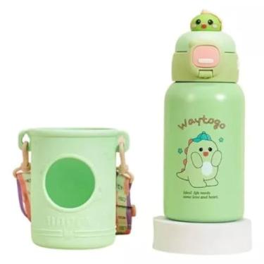 Imagem de Garrafa Térmica 500ml Escolar Infantil Criança Suco Agua Animais Inox Parede Dupla Garrafinha Com Canudo Trava Bolsa e Alça Premium STECRIS (Verde com Dinossauro)