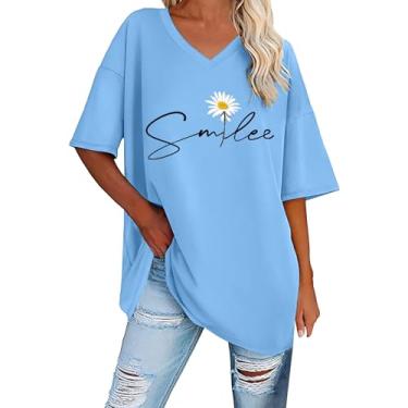 Imagem de Camiseta feminina floral estampada gola V blusa meia manga ajuste solto camiseta confortável para treino túnica verão, Azul-celeste, M