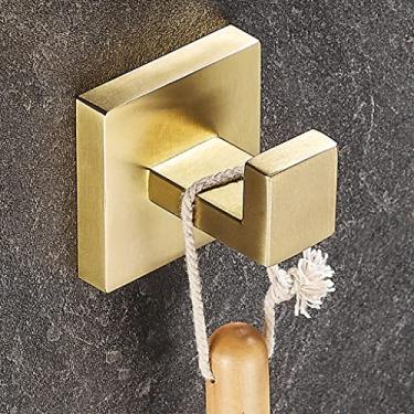 Imagem de Conjunto de acessórios de banheiro dourado escovado, suporte de lenços de aço inoxidável, escova de vaso sanitário, saboneteira, copo de enxaguante bucal, suporte para secador de cabelo, gancho