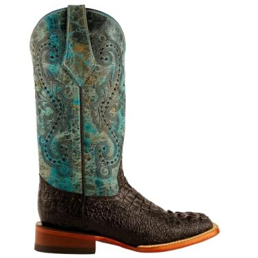 Imagem de Ferrini Italia Bota feminina Stampede crocodilo bico quadrado salto baixo cano médio 2,5-5 cm - azul, Preto, 11