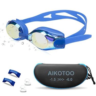 Imagem de AIKOTOO Óculos de natação, óculos de natação miopicas com lentes de prescrição, anti-névoa, clipe para a Nariz, tampões para os ouvidos para mulheres, crianças, homens, óculos de natação, -4,5,