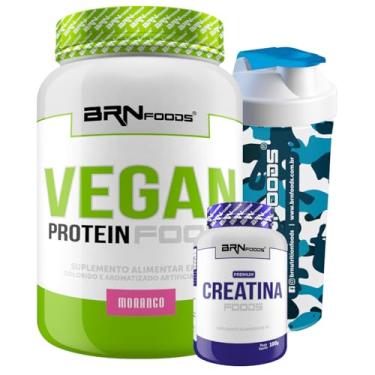 Imagem de Kit Vegan Protein 900g + Premium Creatina 100g + Coqueteleira - BRN FOODS (Médio, Morango)