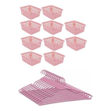 Imagem de Kit 10 Cesto Organizador 16x12x6 E 20 Cabide Infantil - genérica, rosa