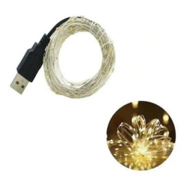 Imagem de Fio Cobre Usb Cordão Luz Fada - 10m 100 Leds Branco Quente - EF, 110V/