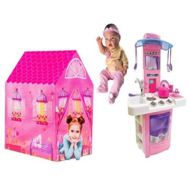 Imagem de Kit Menina Realista Baby Reborn Casinha Completa com Cozinha - DM Toys