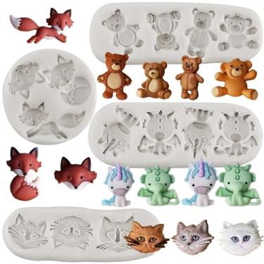 Imagem de MINFEIDMS Cabeça de gato Raposa Unicórnio Urso Moldes de Fondant de Silicone para Decoração de Bolos Topo de Cupcake Doce Chocolate Polímero Argila Goma Conjunto de 4