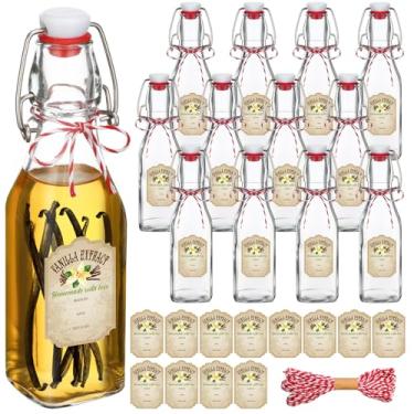 Imagem de Uiifan 12 peças de garrafas de vidro quadradas transparentes de 227 g para extrato de baunilha com tampas e fios de algodão etiqueta flip top garrafa de cerveja de vidro para casa vinagretes de óleo