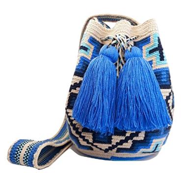 Imagem de Mochila Wayuu original para mulheres, bolsas boho colombianas, feitas à mão com borlas grandes e bonitas (média, azul étnica - média), Azul étnico - Médio, Medium