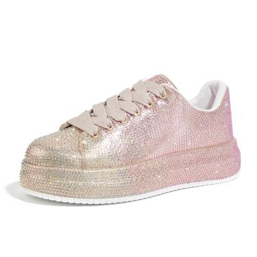 Imagem de LUCKY STEP Tênis feminino com strass, plataforma, brilhante, glitter, tênis, moderno, deslumbrante, casamento, festa de casamento, caminhada, Strass rosa/dourado, 41