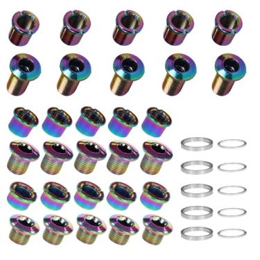 Imagem de Xmomx 5 peças para cada anel de corrente colorido único/duplo/triplo parafusos de disco porcas de pedaleira colorido + 10 arruelas prateadas adequadas para bicicleta de estrada mountain bike BTT (25