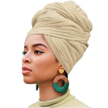 Imagem de XTREND 4 peças de turbante de jérsei elástico cor sólida cachecol de cabelo extralongo turbante macio para mulheres, Z1 Bege, 1 Count (Pack of 1)