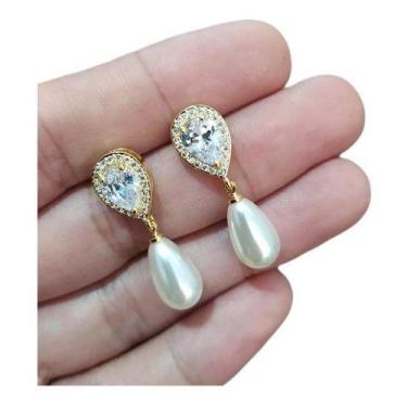 Imagem de Brinco Noiva Zirconia E Pérola Dourado Delicado Luxo Barato - De Castr